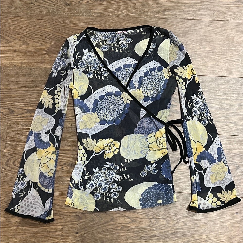 Y2K Mesh Faux Wrap Floral Long Bell Sleeve Top